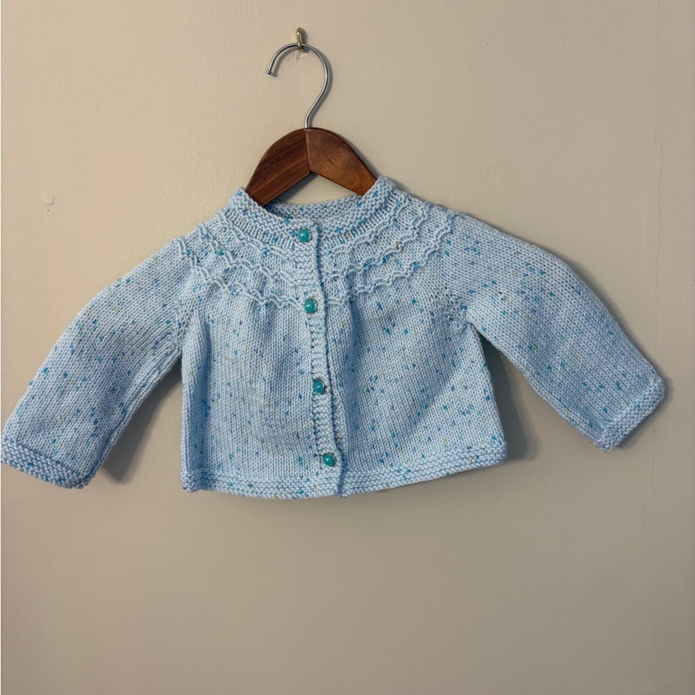 New Hand-Knit Baby Cardigan in Light Blue With Pearl Buttons